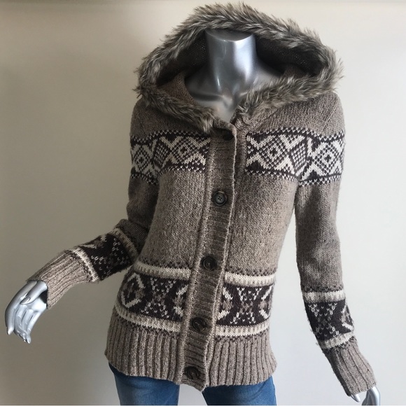 St. John Bay M Alpaca Blend Knit Cardigan Sweater Faux Fur Hoodie Button Down - Picture 4 of 14